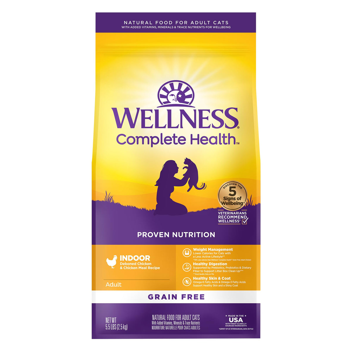 Wellness Complete Health: croquettes pour chat intérieur au poulet, sac 5,5 lb, repas équilibré.