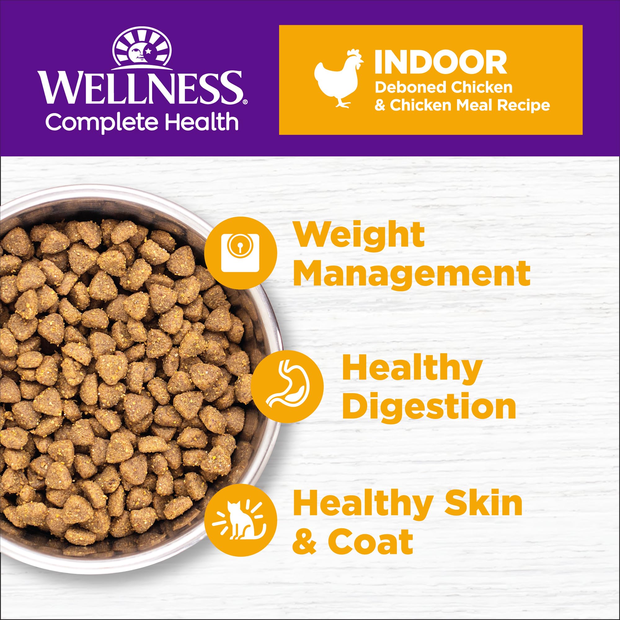 Wellness Complete Health: croquettes sans céréales au poulet pour chat.