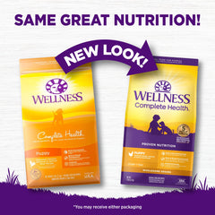 Wellness Complete Health chiot bol nourriture poulet saumon, repas pratique pour un quotidien équilibré.