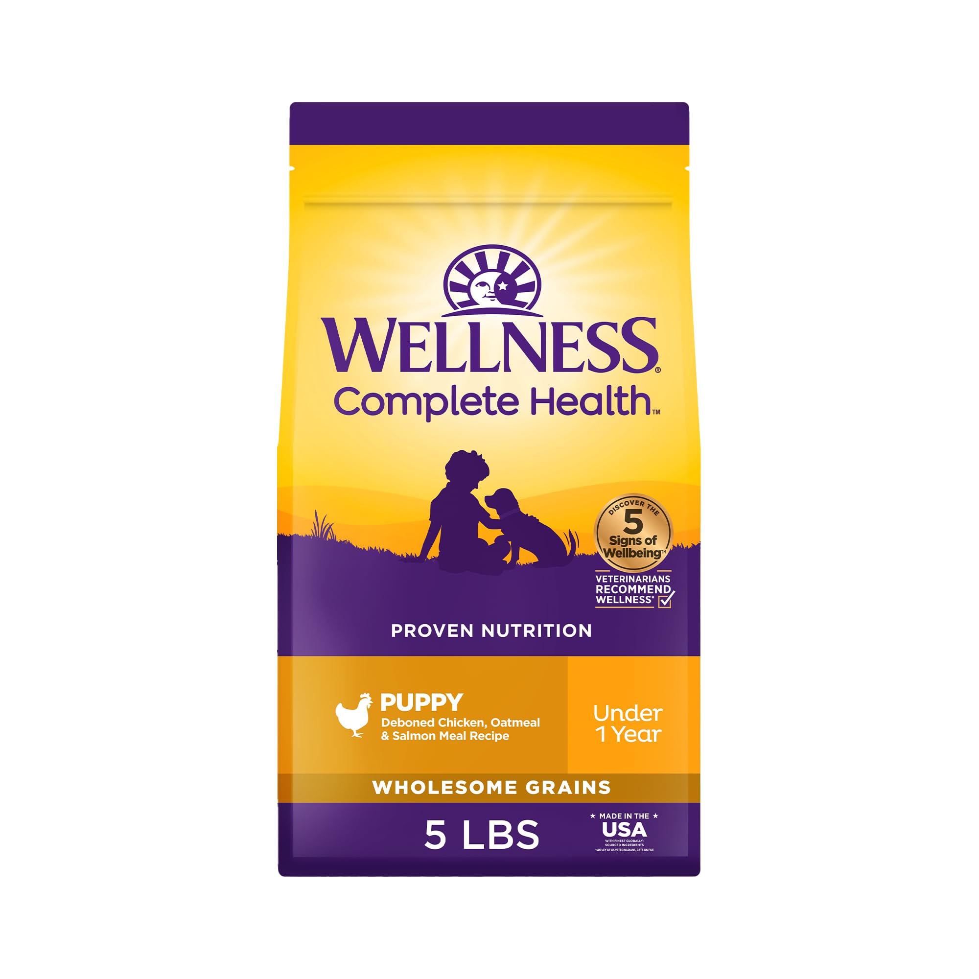 Wellness Complete Health chiot croquettes poulet avoine, texture croustillante pour énergie quotidienne.