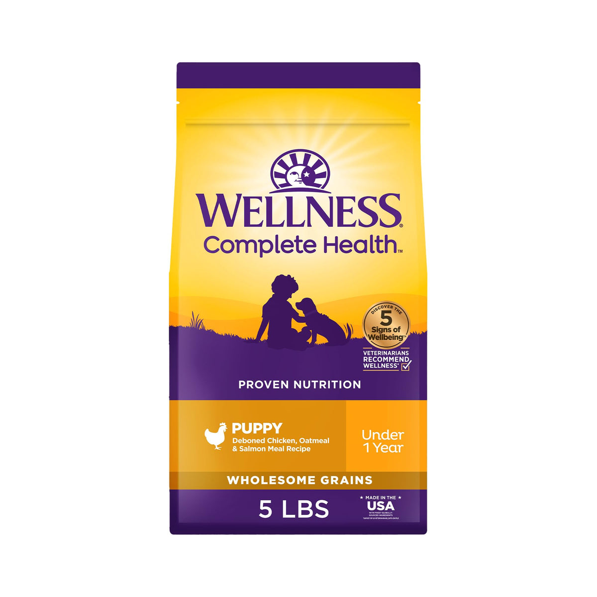 Wellness Complete Health chiot croquettes poulet avoine, texture croustillante pour énergie quotidienne.