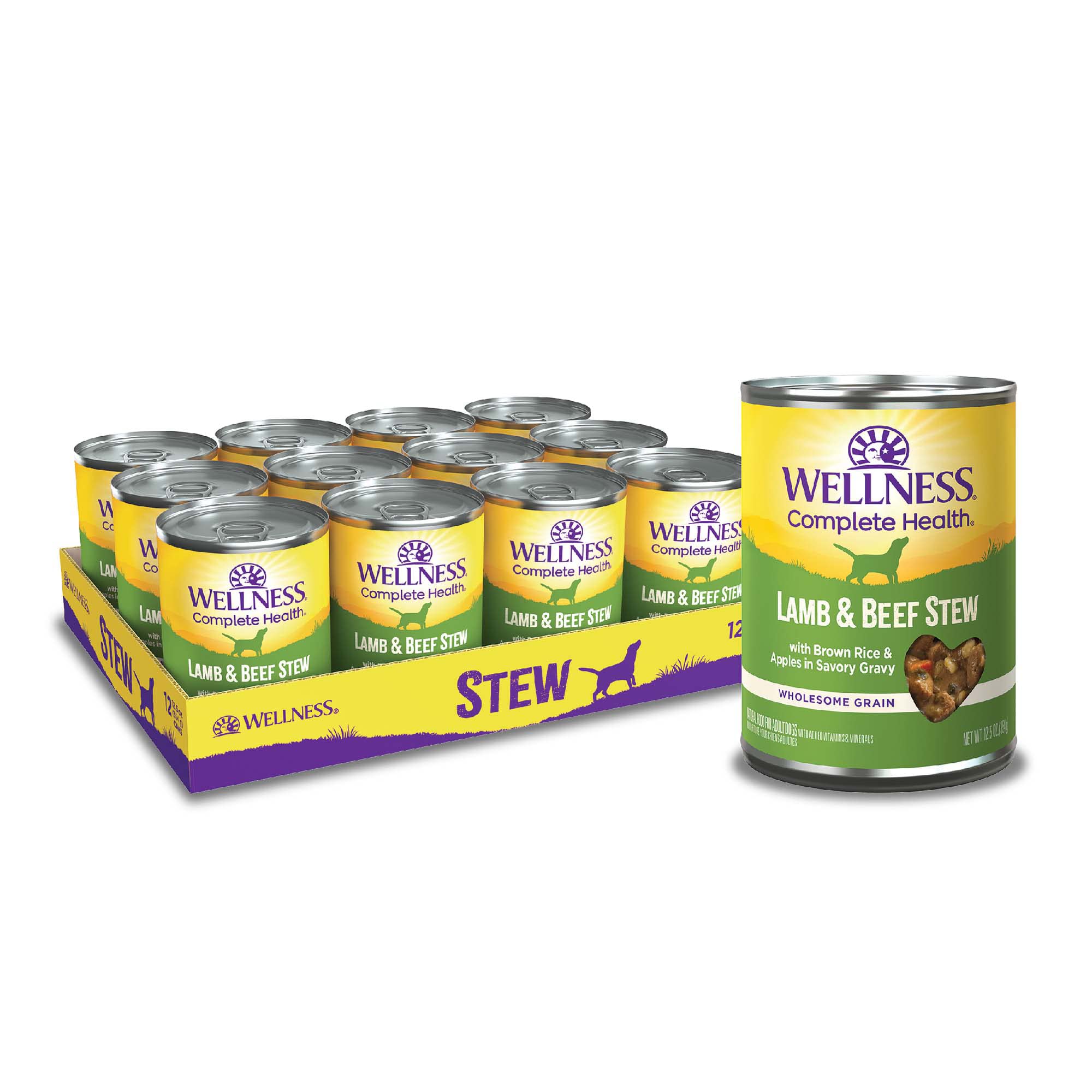 Wellness Complete Health: boîte de ragout d'agneau et boeuf pour chien, texture généreuse.