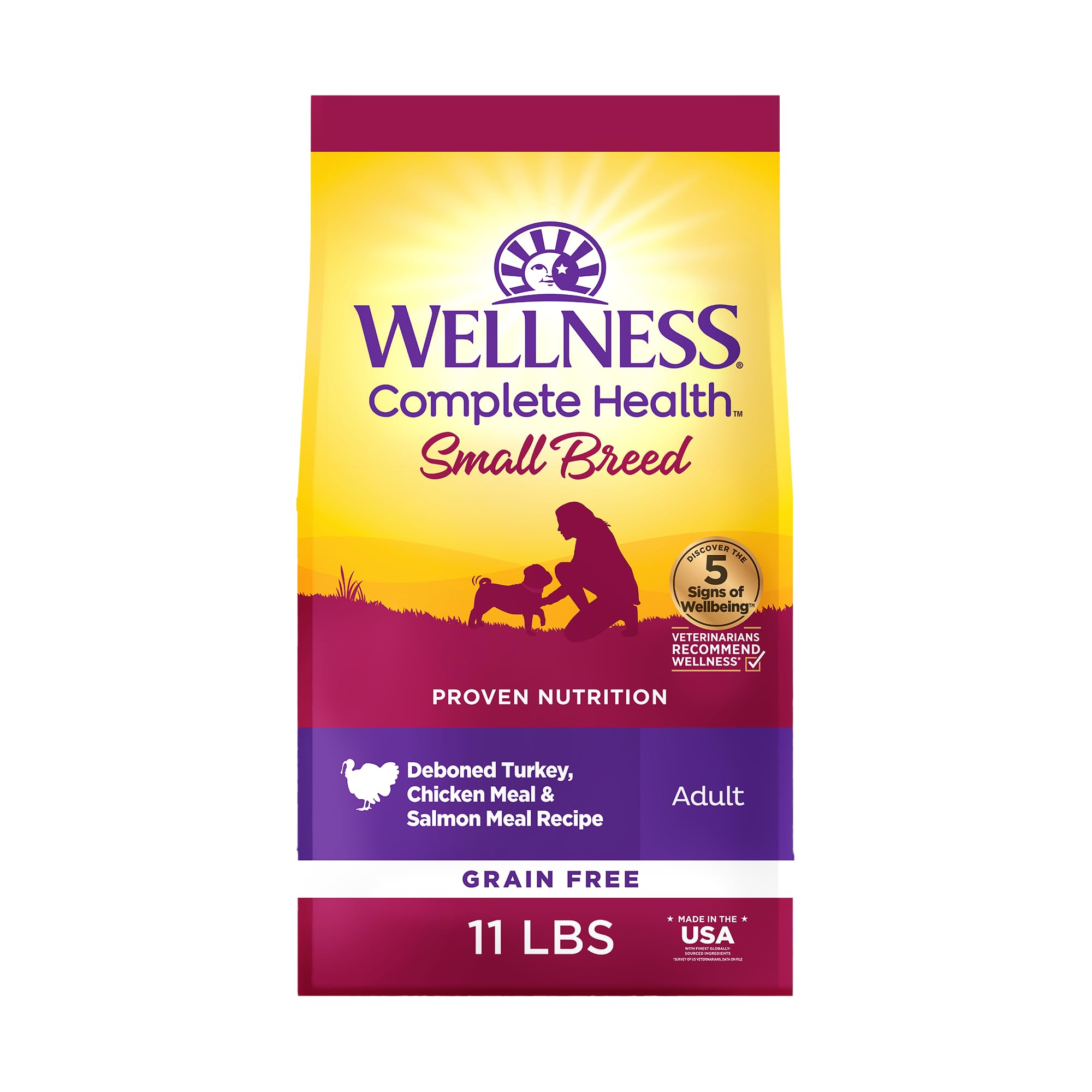 Wellness Complete Health croquettes pour petits chiens, poulet et saumon, énergie et pelage sain.