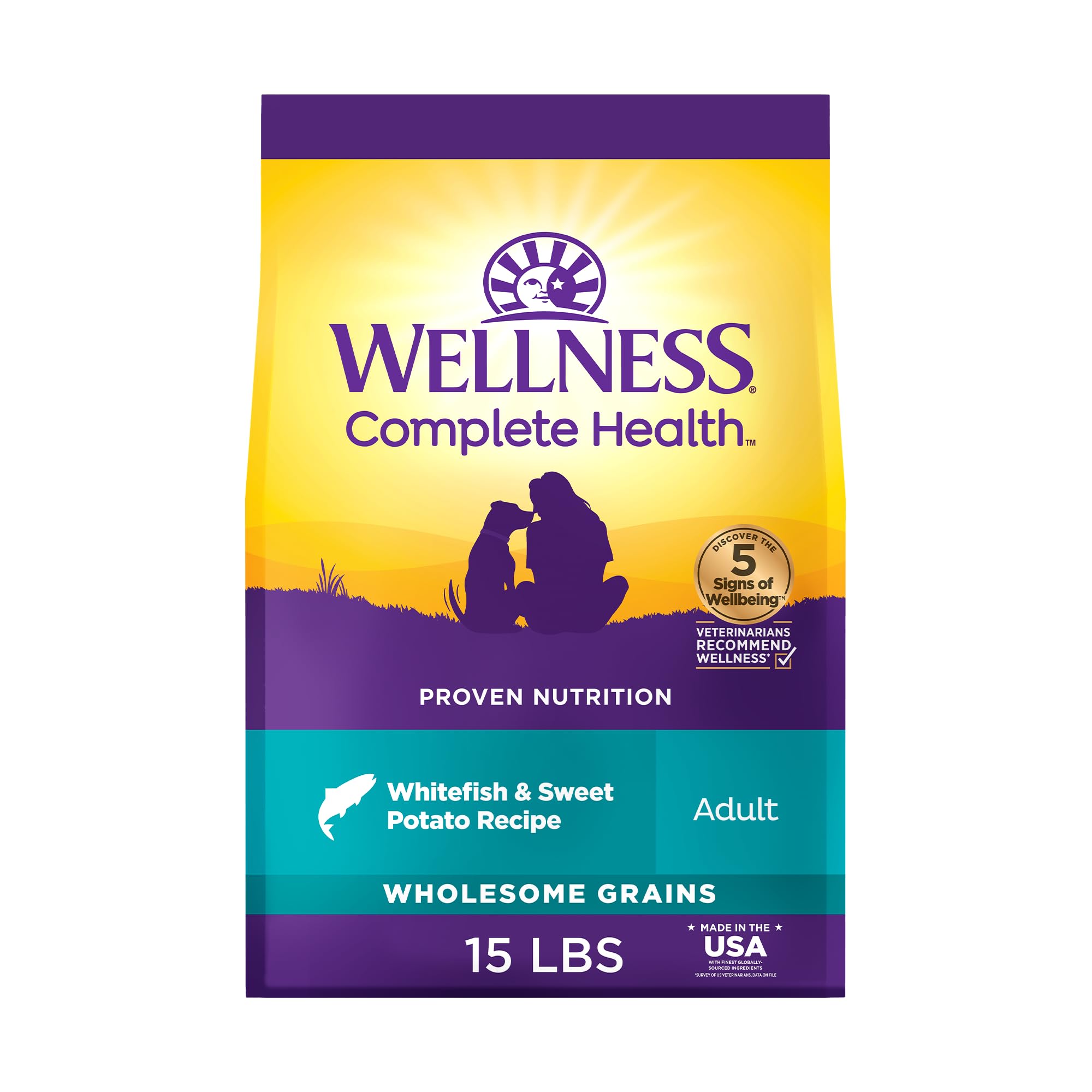 Wellness Complete Health: poisson blanc et patate douce, croquettes équilibrées pour chien adulte.