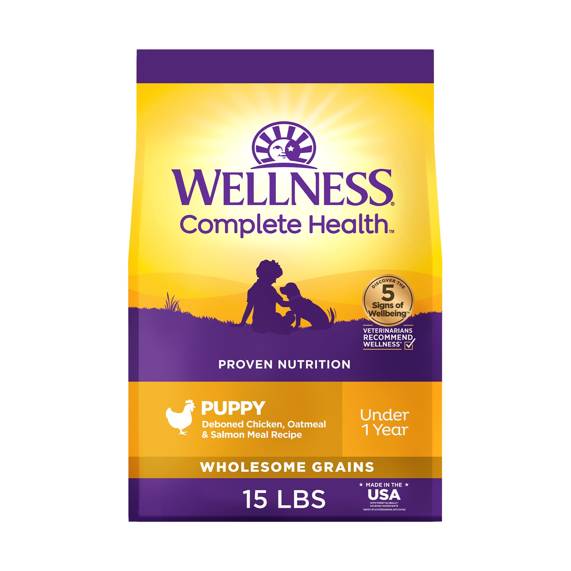 Wellness Complete Health croquettes pour chiots, protéines élevées et énergie durable.