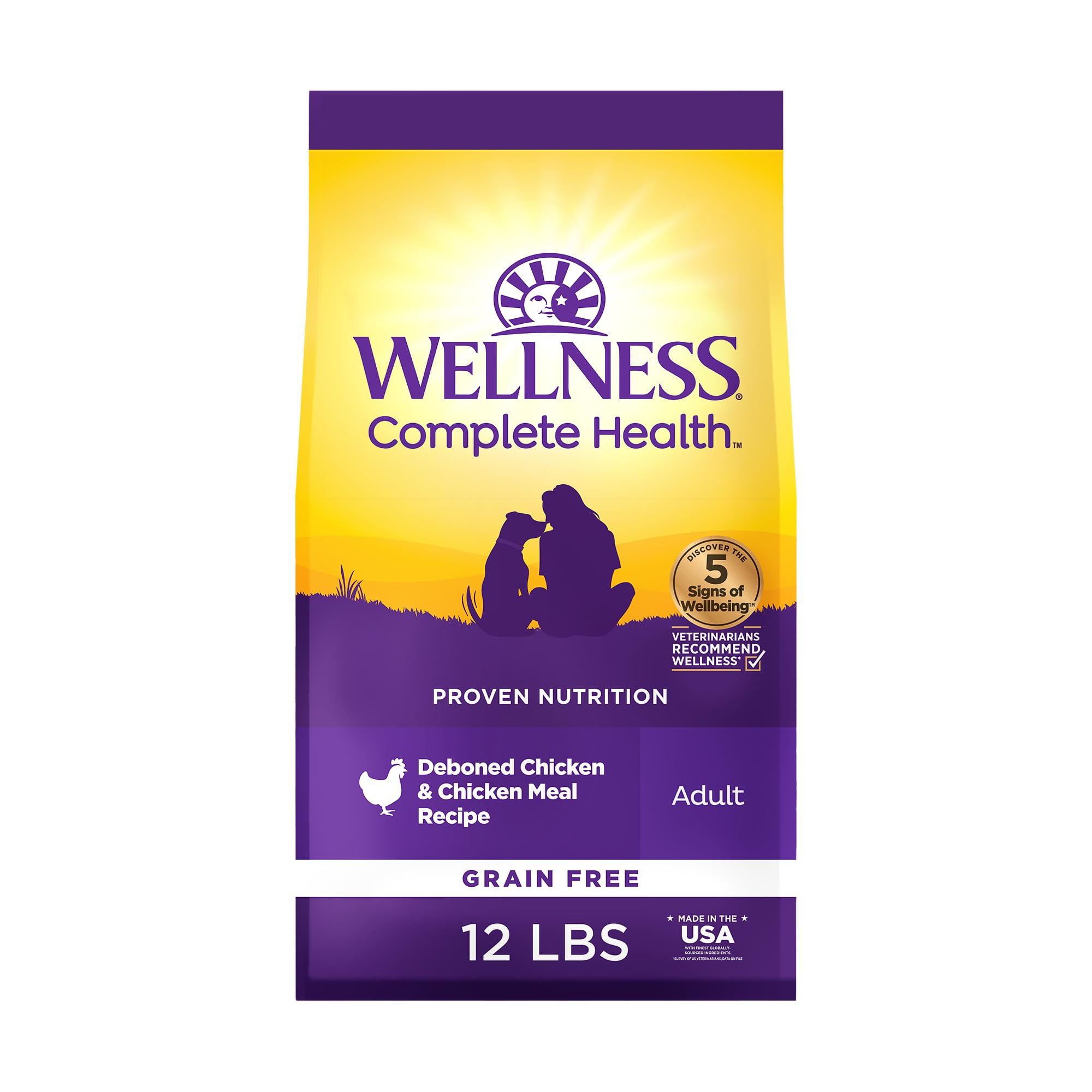 Wellness Complete Health – sac d'alimentation sèche pour chien adulte au poulet, pratique pour les repas.