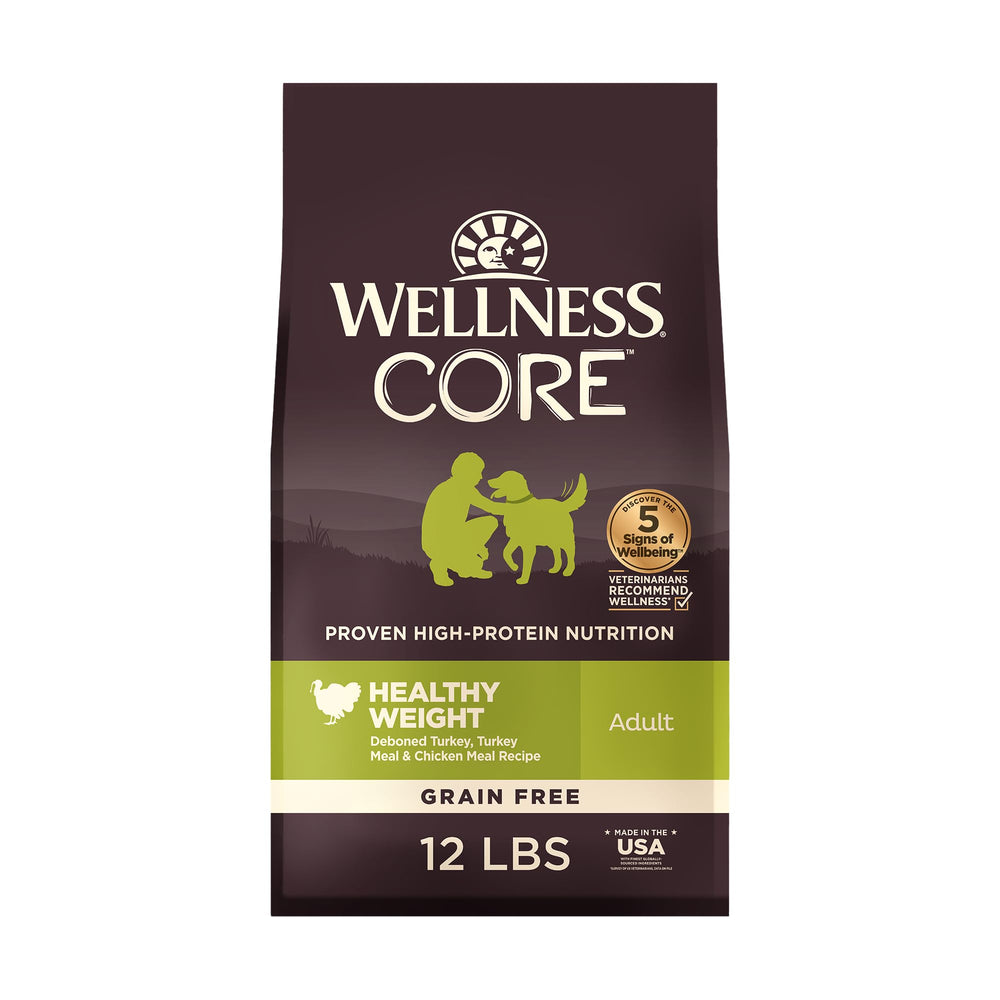 Wellness Core alimentation seche chien adulte sans-grains sac visible, soutien potentiel du poids