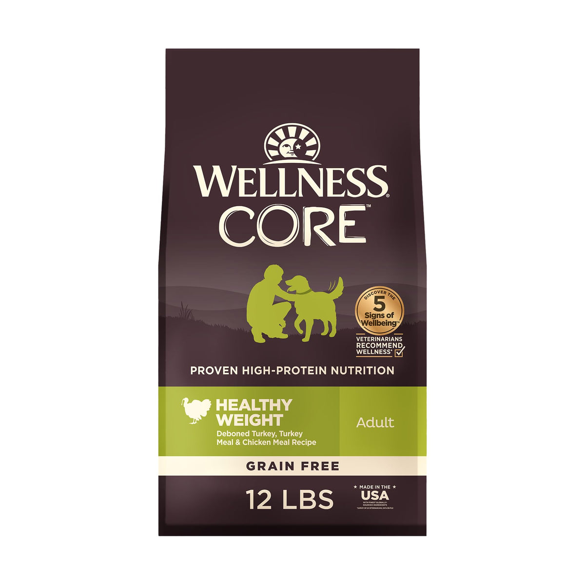 Wellness Core alimentation seche chien adulte sans-grains sac visible, soutien potentiel du poids