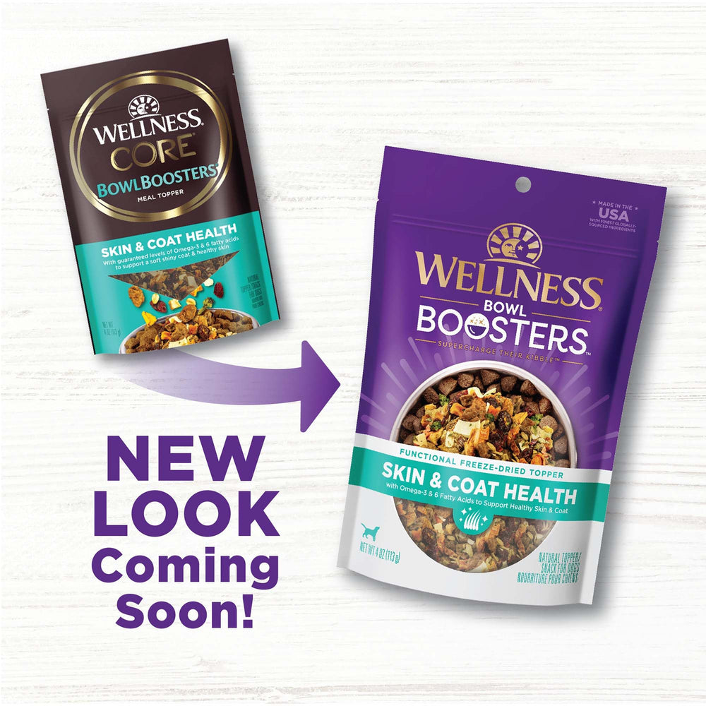 Wellness CORE Bowl Boosters ingrédients naturels avec poulet lyophilisé et fruits-légumes.