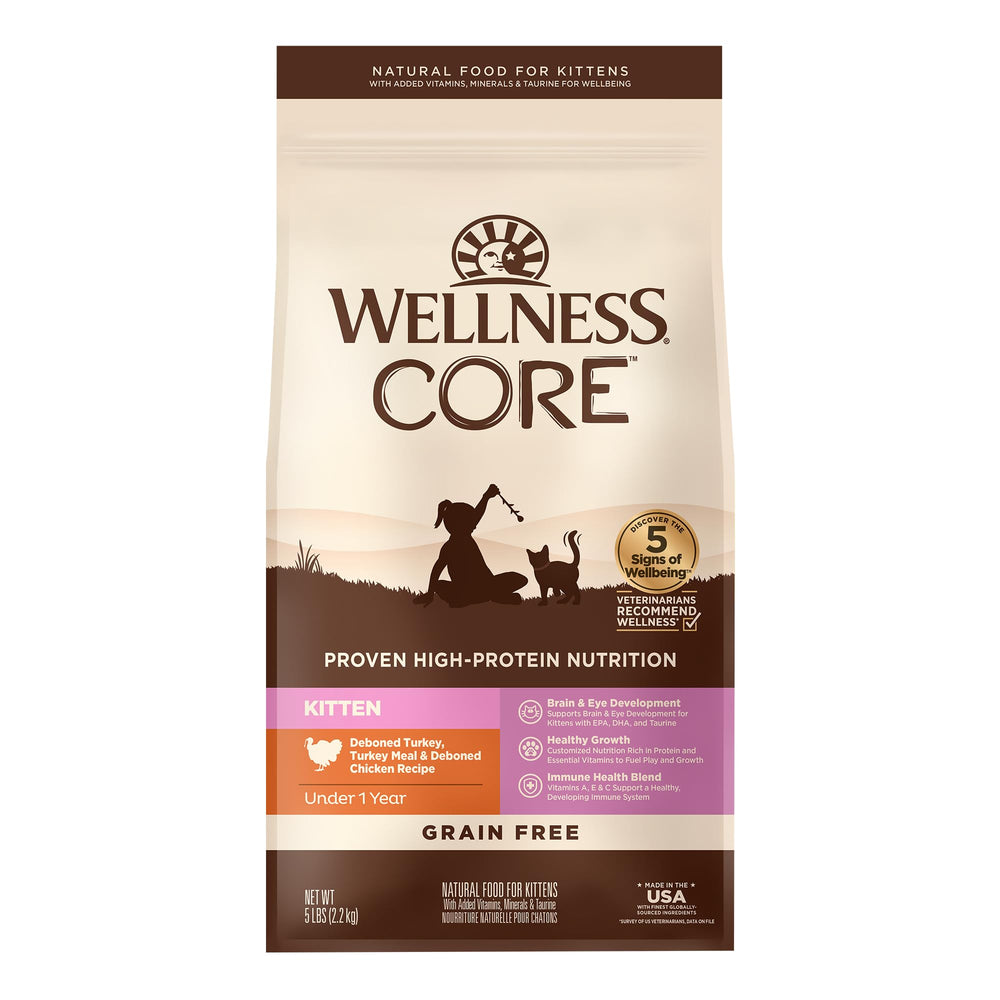Croquettes Wellness Core pour chaton dans l'emballage, goût riche et nutrition adaptée.