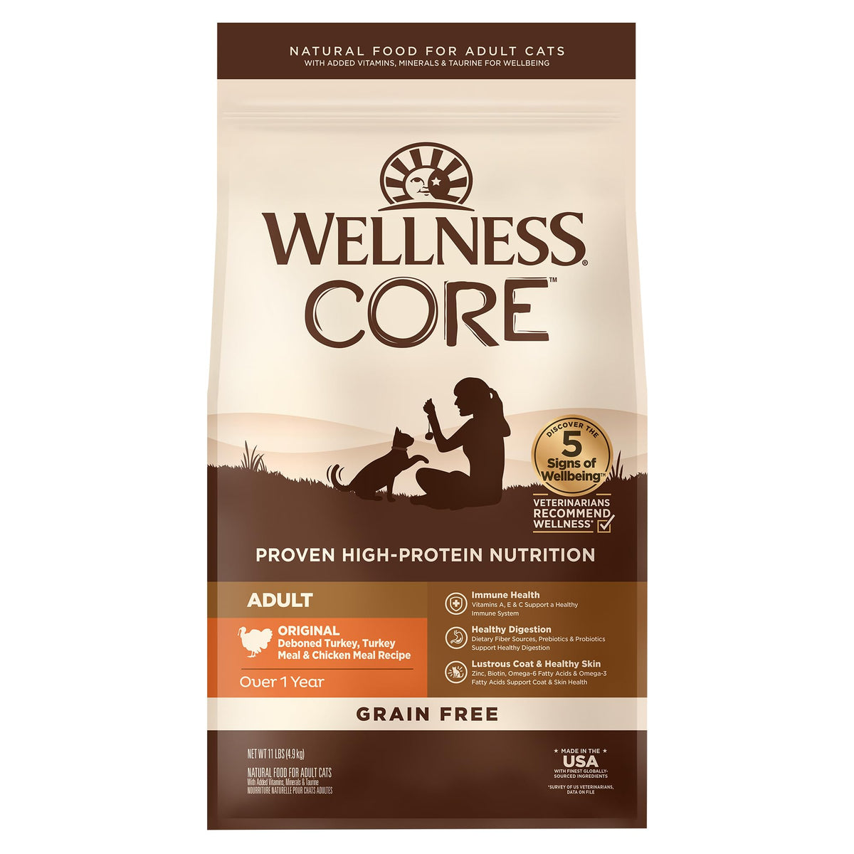 Croquettes Wellness CORE pour chat adulte dinde poulet, 11-lb, énergie et satiété.