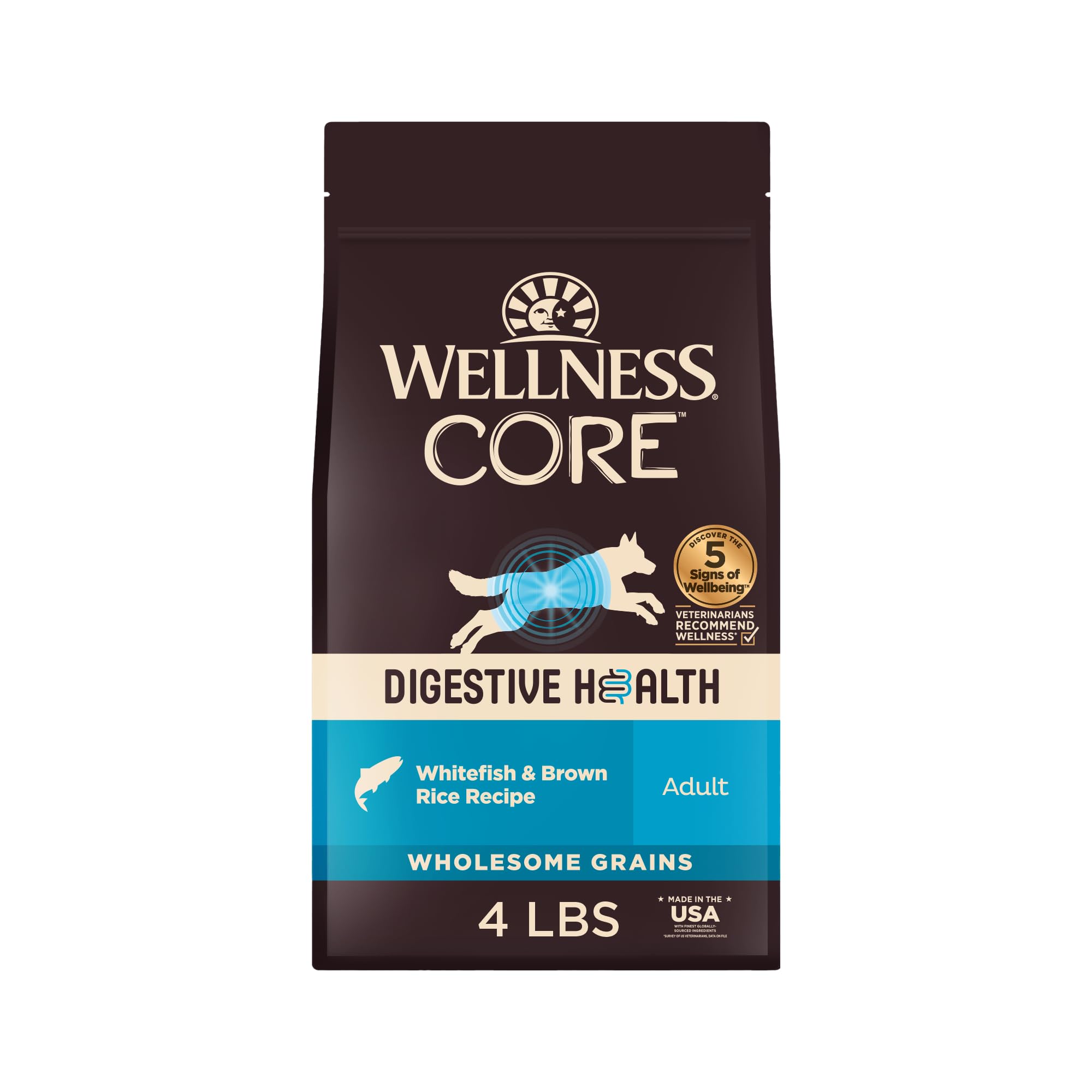 Wellness CORE croquettes poisson blanc et riz brun, soutien digestif potentiel pour chien adulte