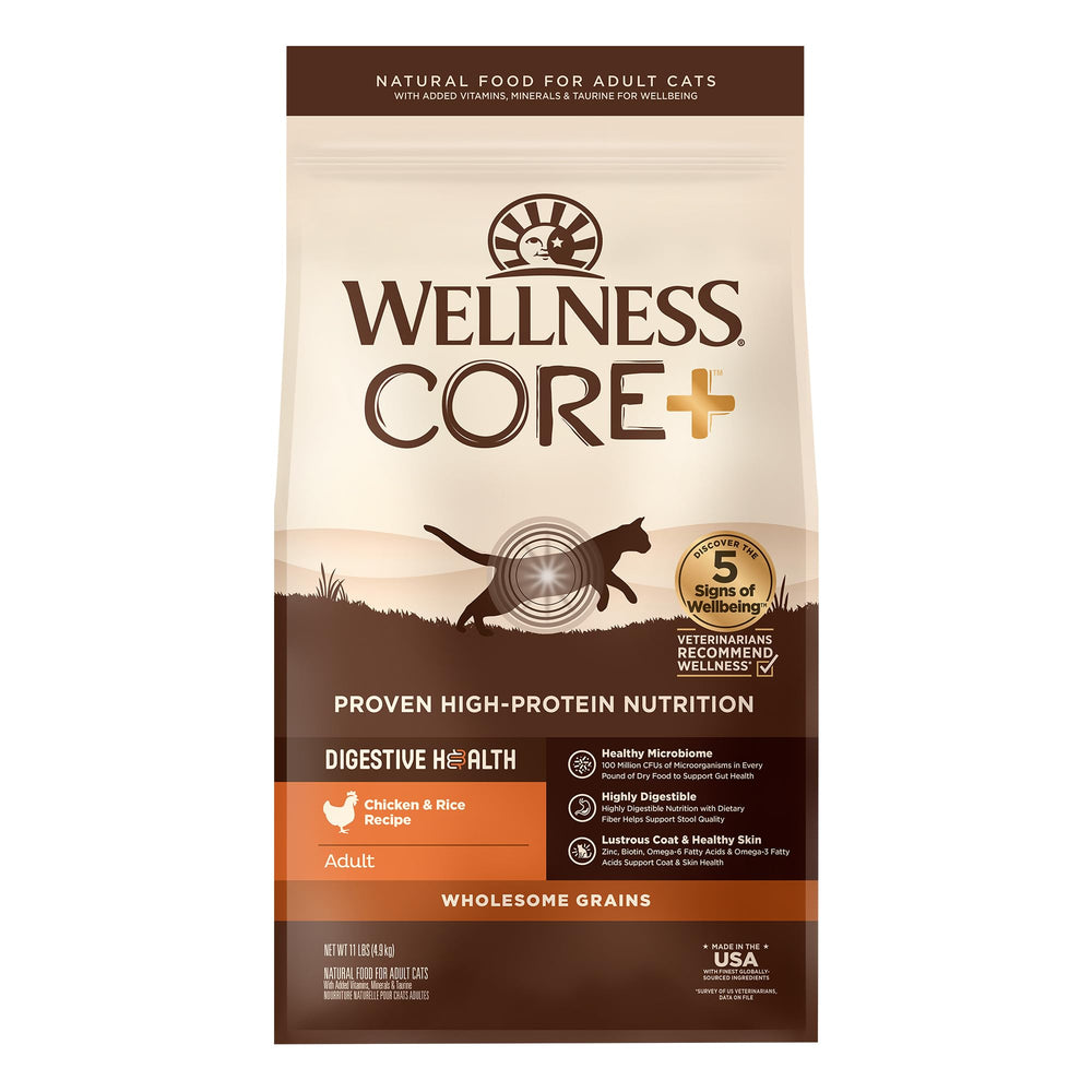 Wellness CORE+ croquettes digestives pour chat adulte, soutenant la digestion et l’énergie.
