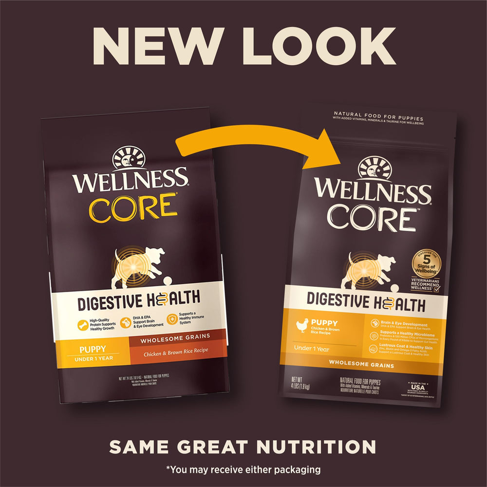 Wellness CORE Digestive Health, sac-quatre-livres pratique pour chiots et rangement facile.