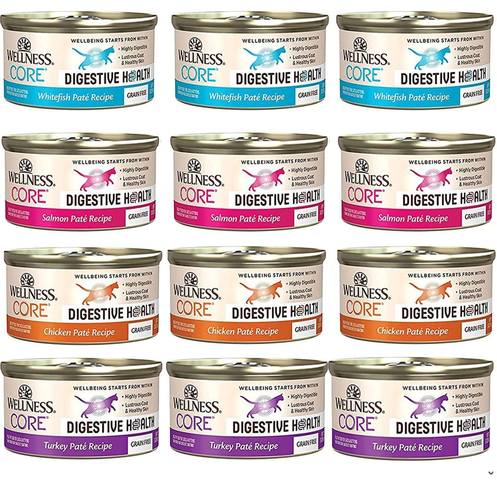 Wellness Core Digestive Pâté chat: emballage pratique de 12 boîtes pour alimentation quotidienne.