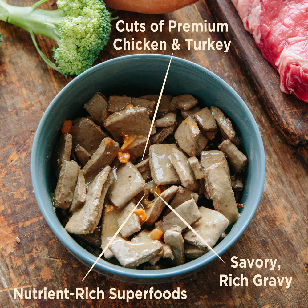 Wellness CORE Hearty Cuts — morceaux protéinés dans sauce au jus, repas complet potentiel.