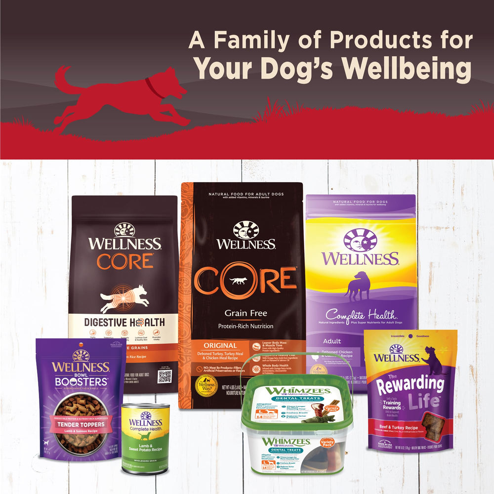 Ingrédients simples et protéinés pour varier les repas du chien avec Wellness CORE.
