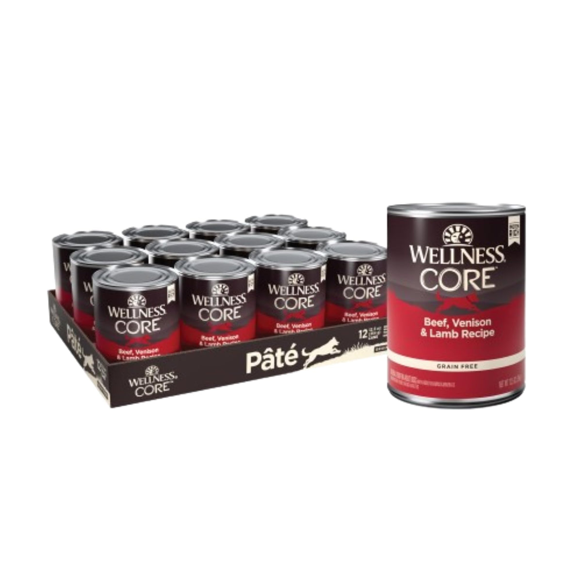 Wellness CORE nourrit le chien avec une nourriture humide sans grains à base de bœuf, venison et agneau.