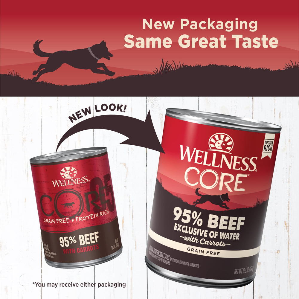 Wellness Core pâte boeuf-carottes, texture onctueuse appréciée par les chiens.