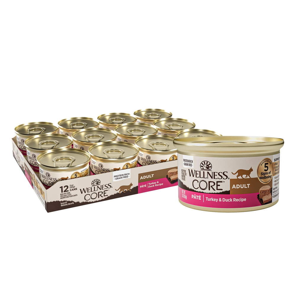 Wellness CORE Pate Chat Dinde-Canard : texture lisse et protéines riches pour les félins actifs.