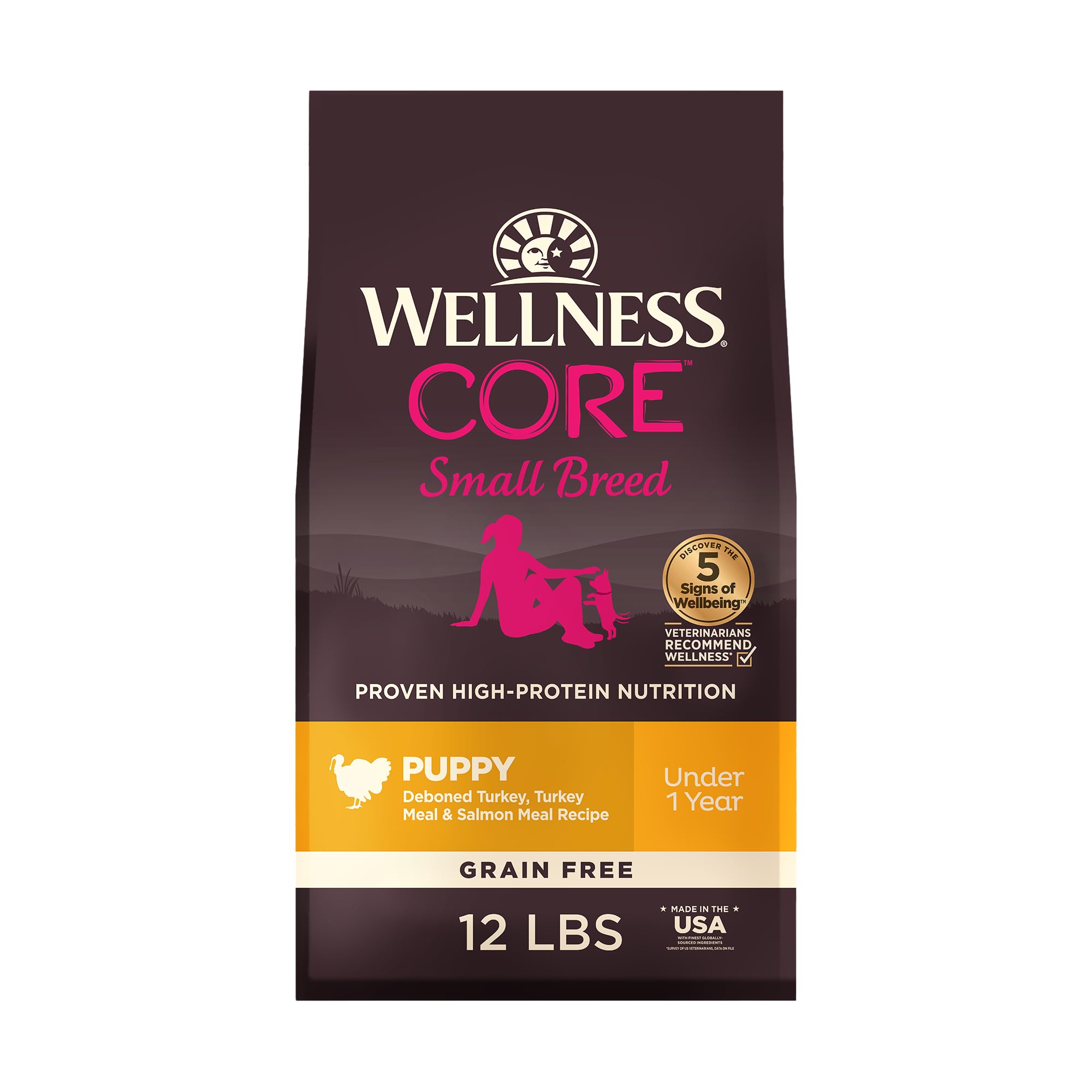 Wellness Core petit-chien croquettes dinde-saumon, protéines élevées pour chiots actifs.