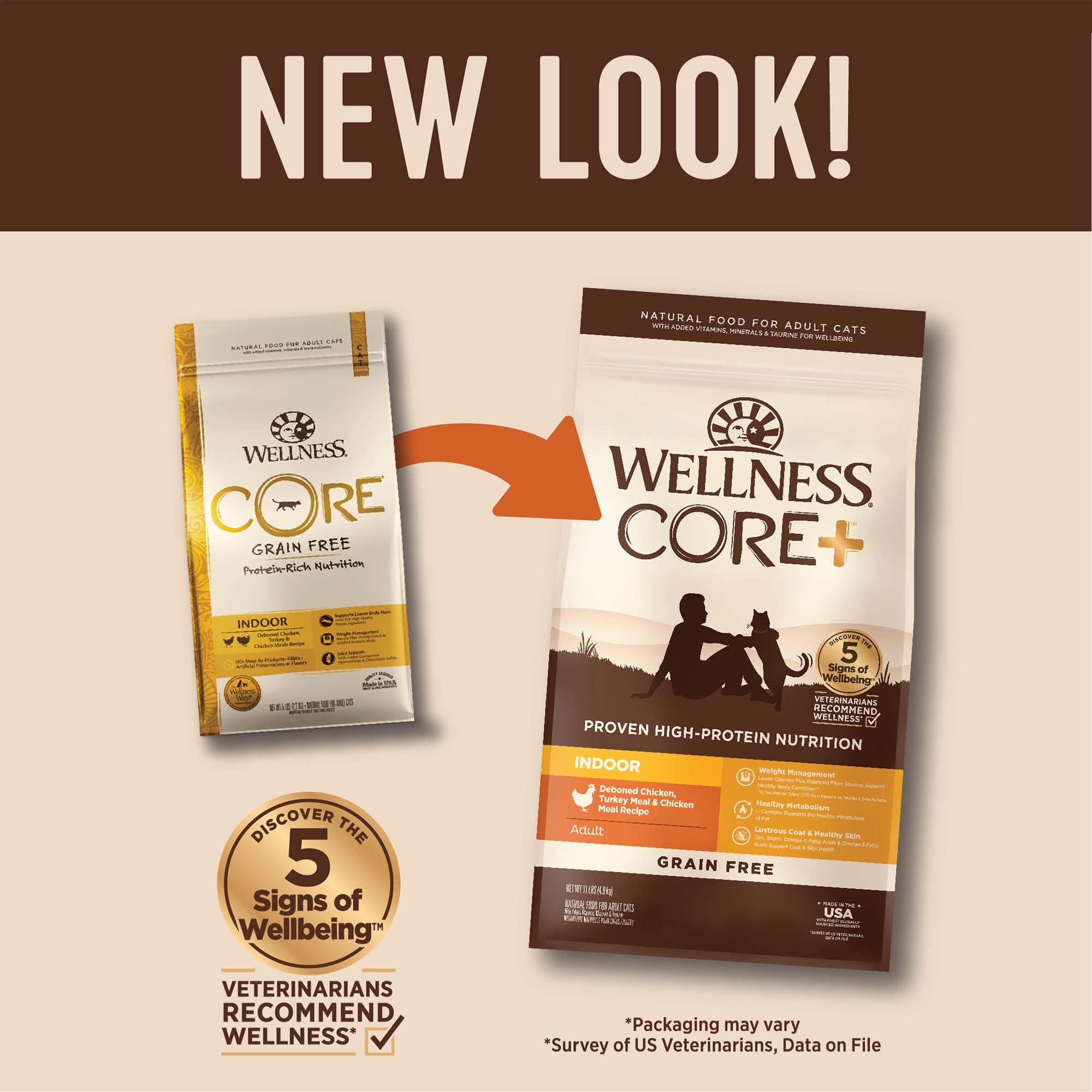 Wellness CORE+ croquettes pour chat intérieur chat mangeant: goût poulet et dinde.
