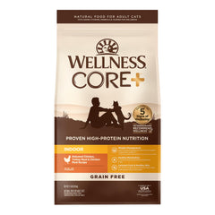 Wellness CORE+ croquettes pour chat intérieur emballage: repas pratique et protéique.