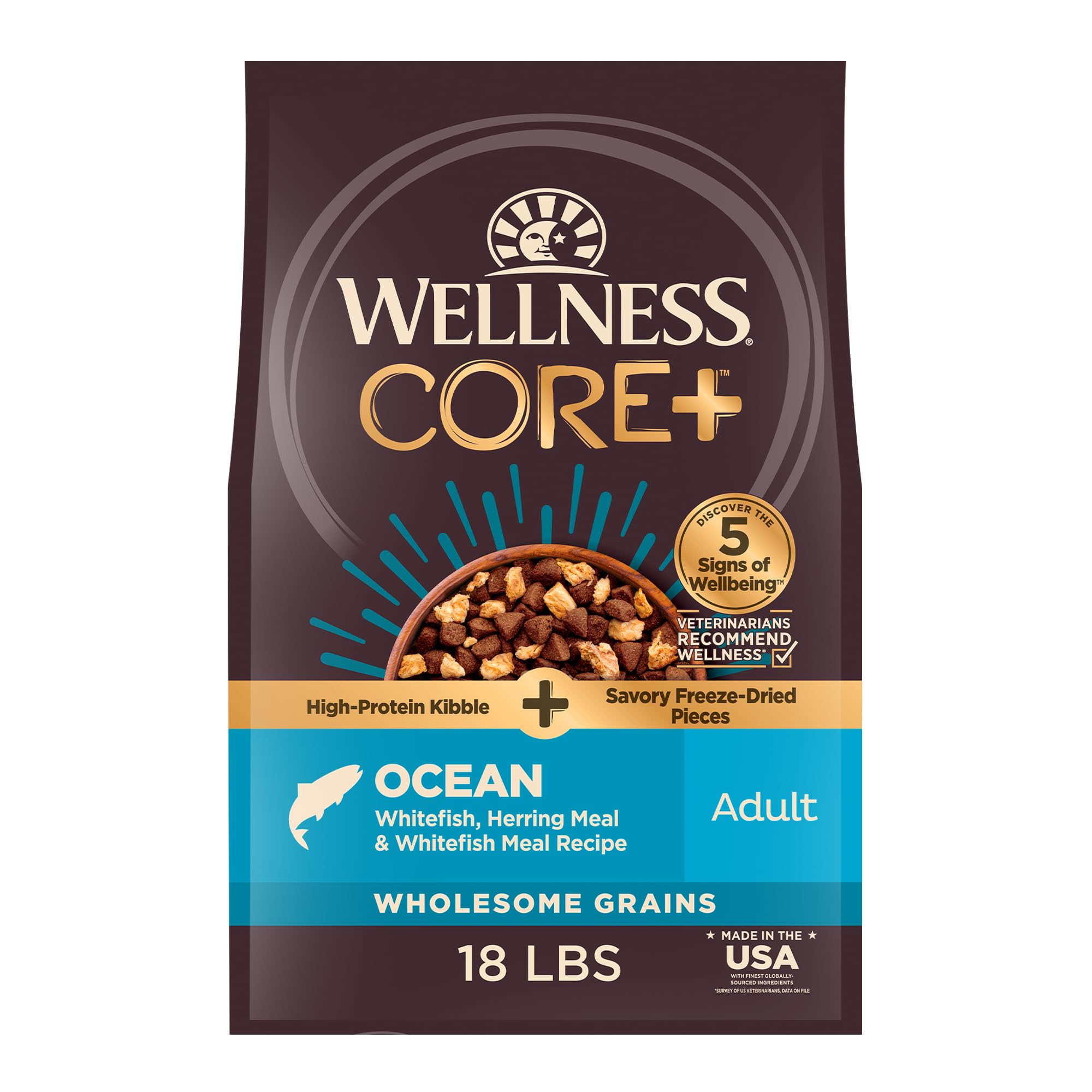 Wellness CORE+ Croquettes chien, image de croquettes riches en protéines pour chien actif.