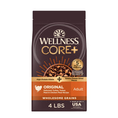 Croquettes Wellness CORE+ dinde et poulet, repas protéiné et équilibré pour chien.