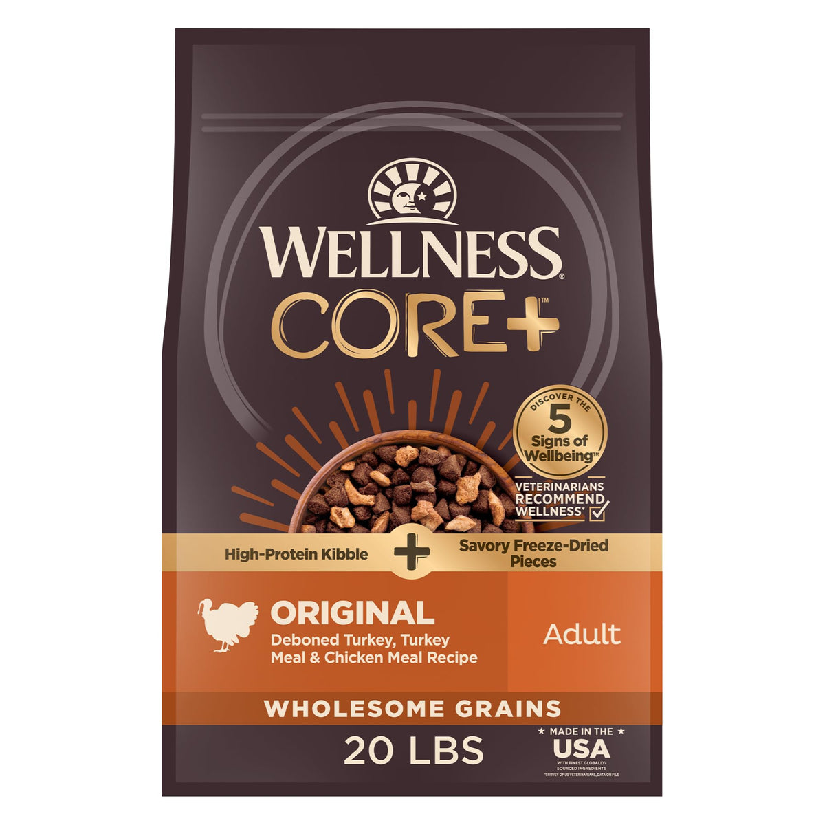 Wellness CORE+ croquettes poulet-dinde, protéines élevées pour chien actif.