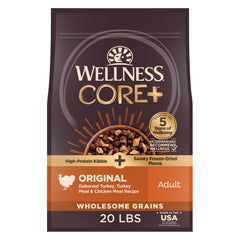 Wellness CORE+ croquettes poulet-dinde, protéines élevées pour chien actif.