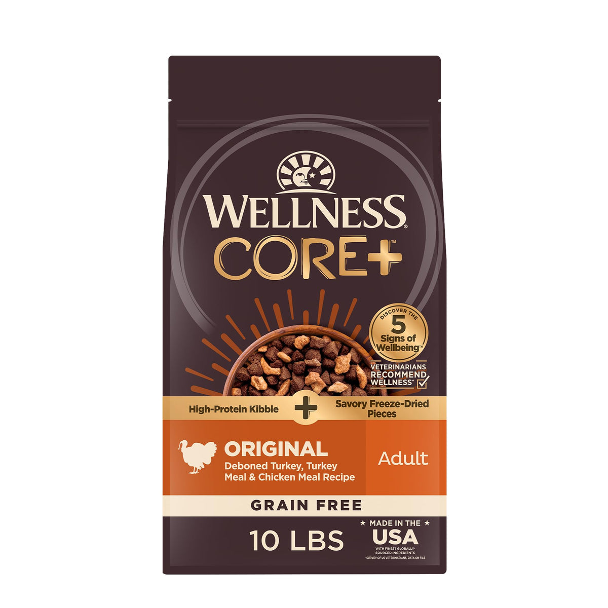 Wellness CORE+ croquettes sans céréales, texture croquante et nutrition concentrée.
