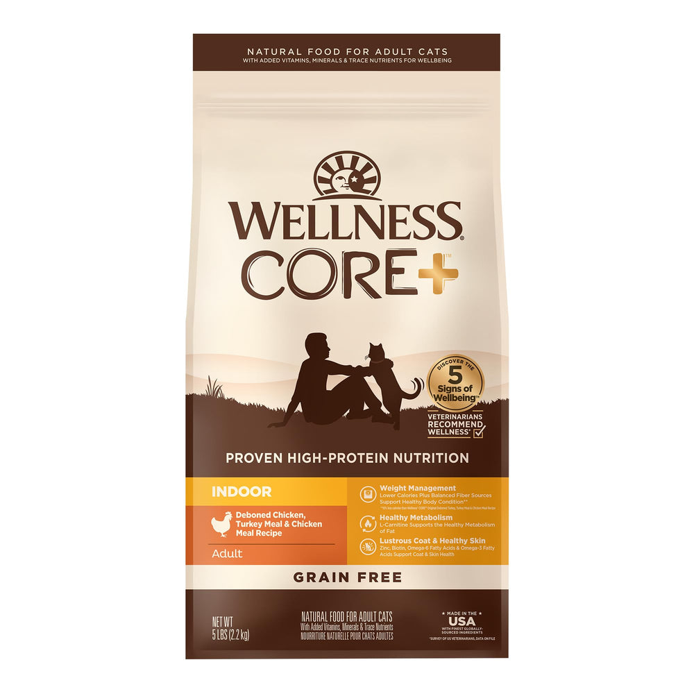 Wellness CORE+ emballage pour chat adulte intérieur, nutrition riche en protéines.
