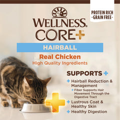 Wellness CORE+ Hairball bol-chat, chat heureux après repas riche en protéines.