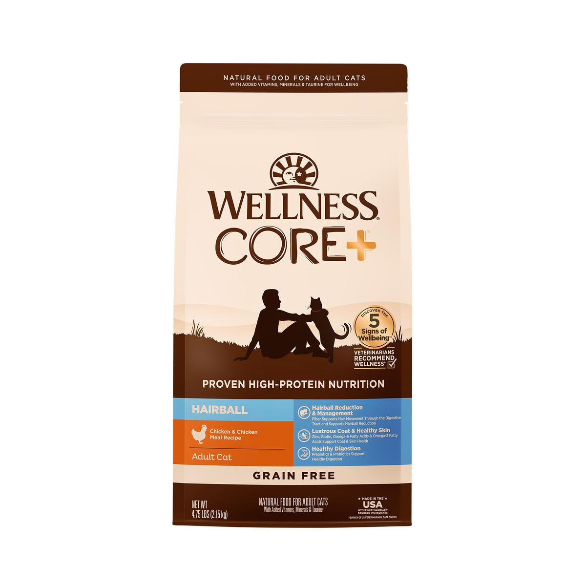 Wellness CORE+ Hairball croquettes-poulet pour chat adulte, soutien protéines et vitalité.