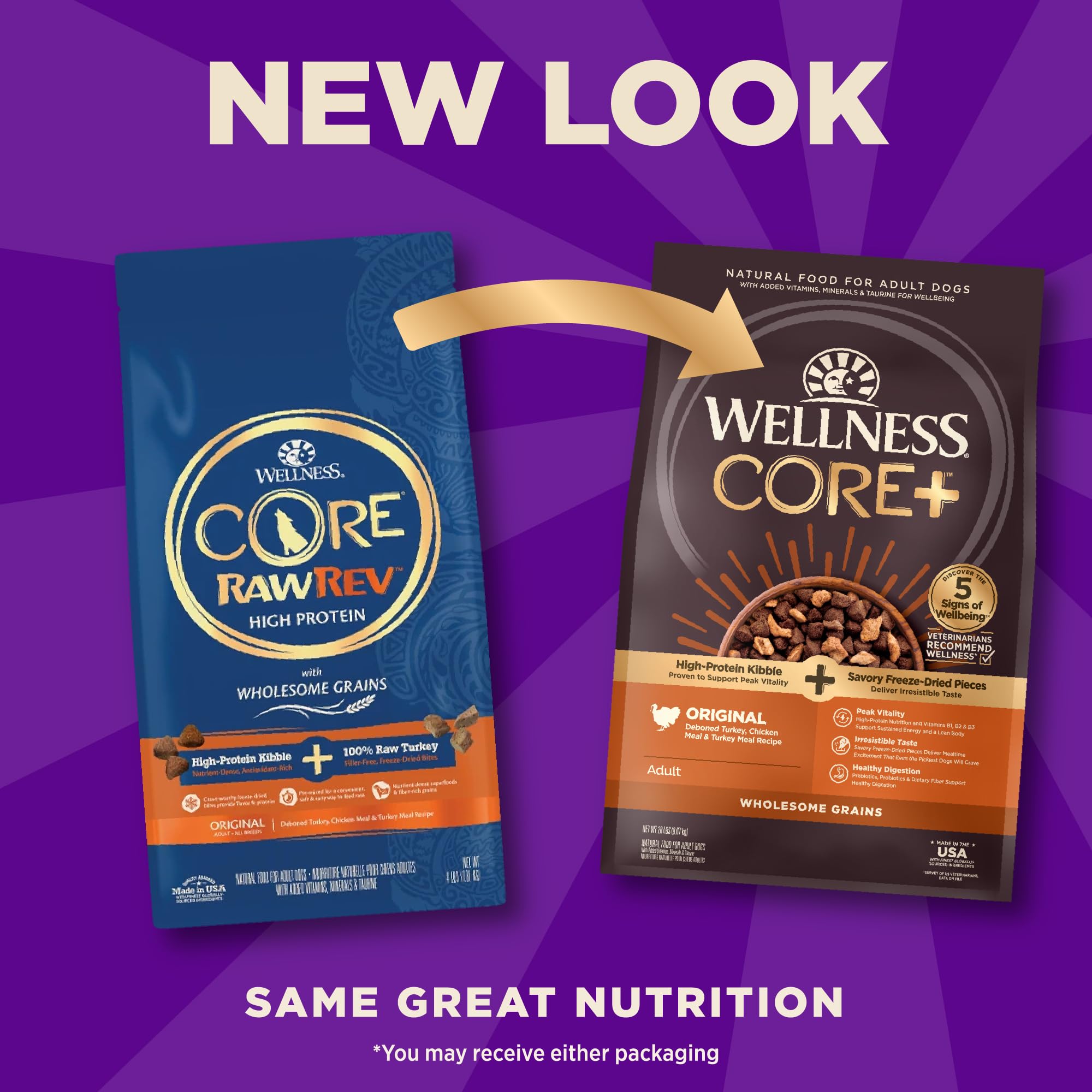 Wellness CORE+ morceaux lyophilisés poulet, saveur riche et appétence accrue.