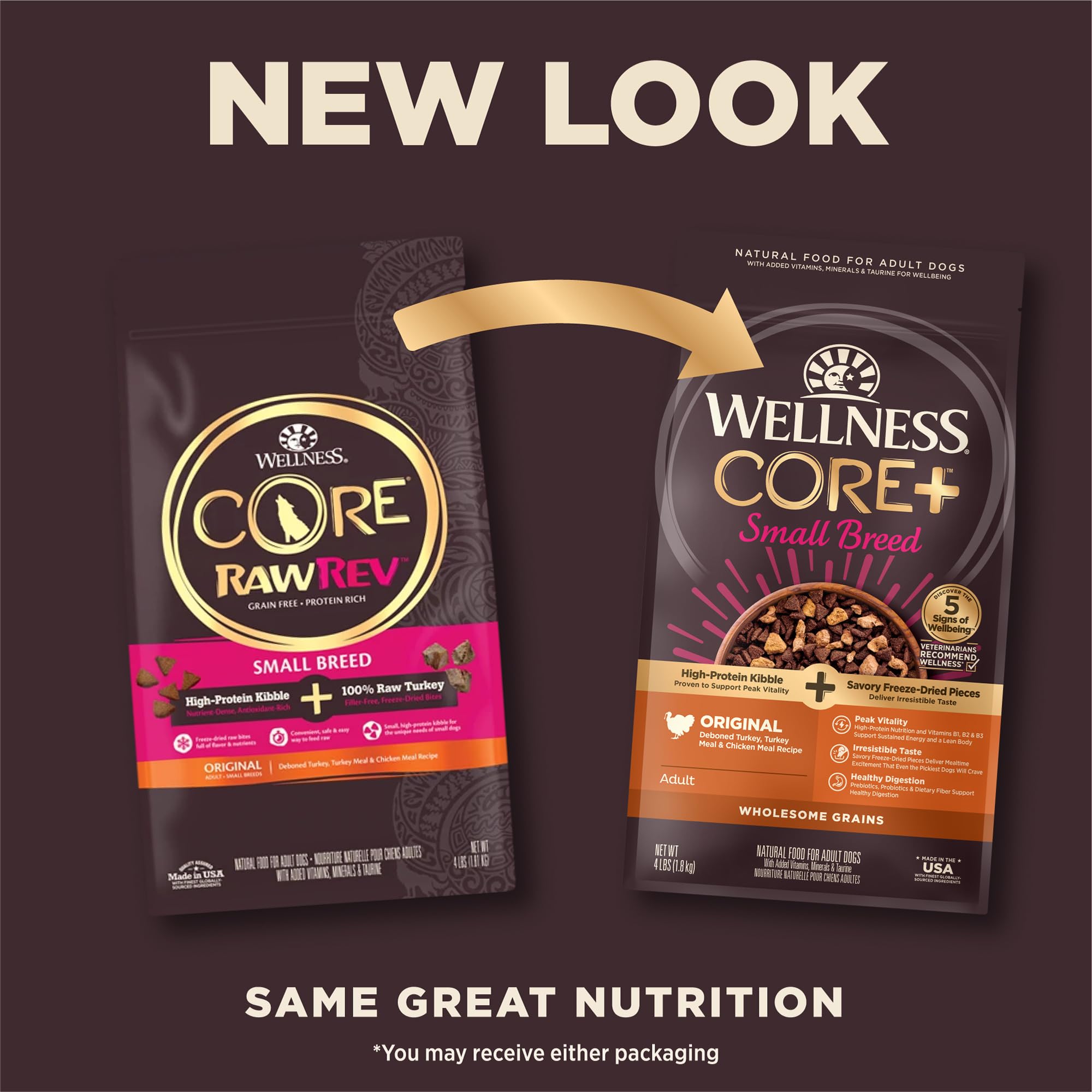 Morceaux lyophilisés dinde-poulet de Wellness CORE+ ajoutant goût et protéines.
