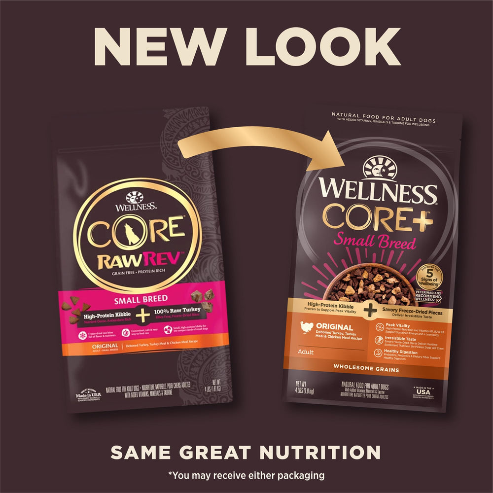 Morceaux lyophilisés dinde-poulet de Wellness CORE+ ajoutant goût et protéines.