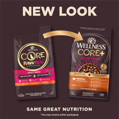 Morceaux lyophilisés dinde-poulet de Wellness CORE+ ajoutant goût et protéines.