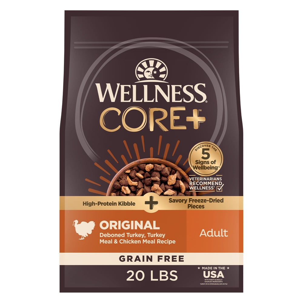 Morceaux lyophilisés de dinde Wellness CORE+ pour chiens, protéines naturelles.