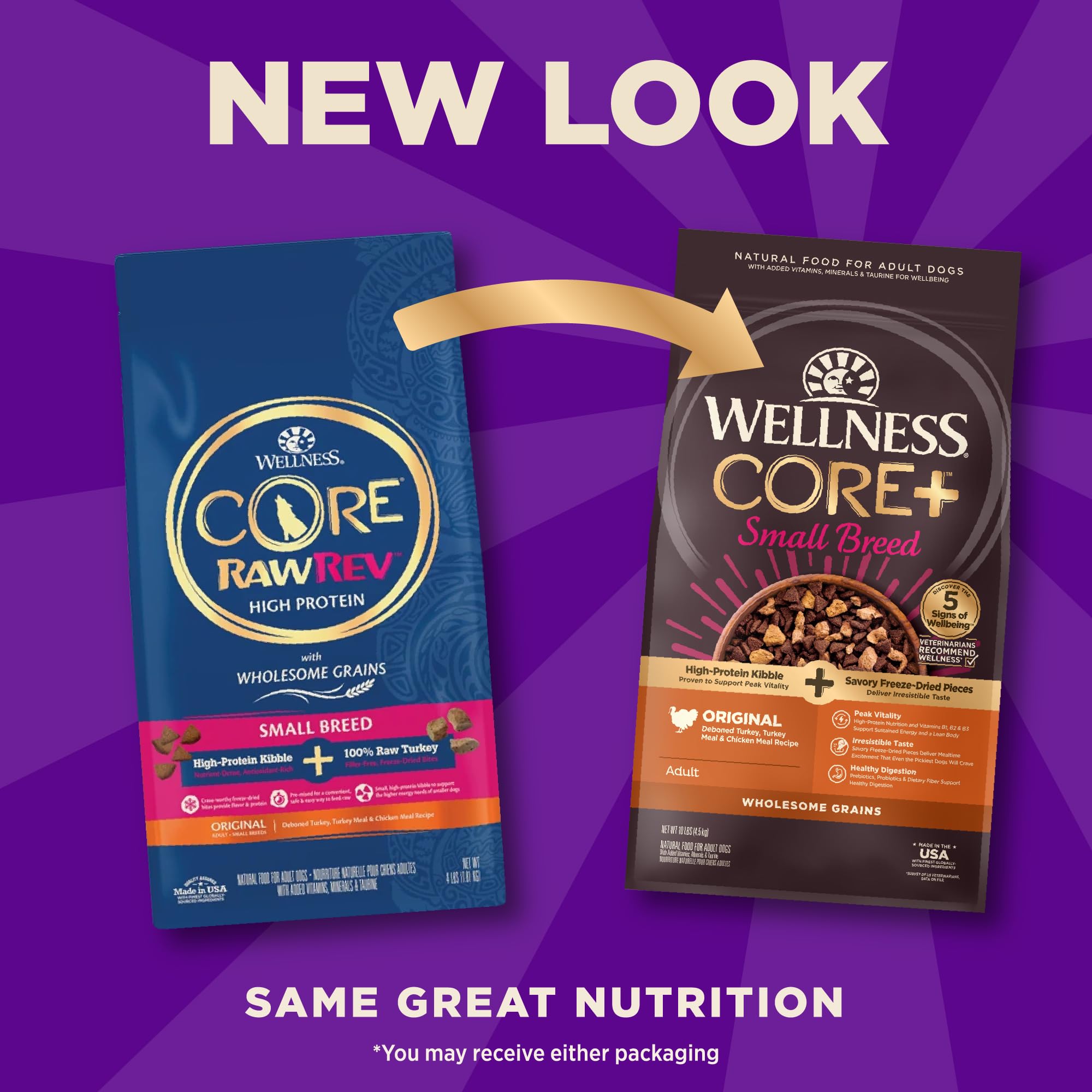 Wellness CORE+ morceaux lyophilisés de dinde et poulet, apport protéique varié.