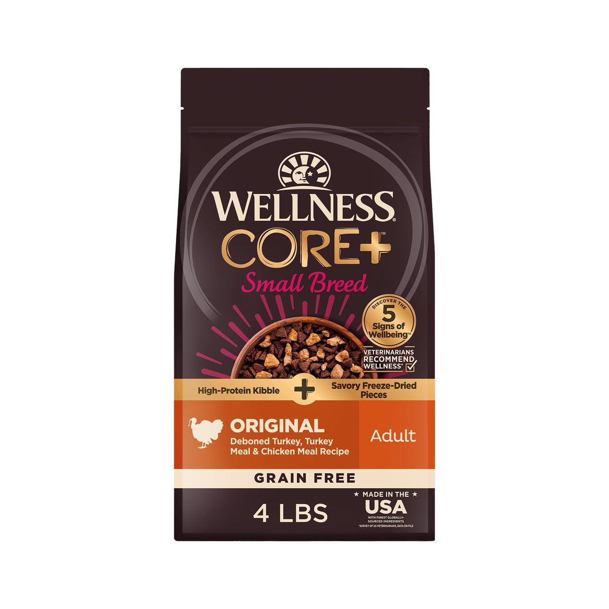 Wellness CORE+ croquettes pour petites races, énergie durable et saveur naturelle.