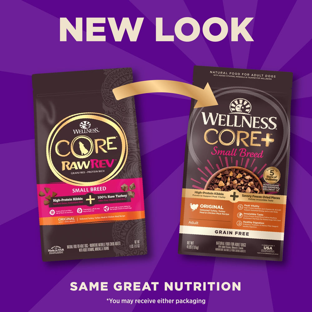 Wellness CORE+ protéines élevées favorisant la masse musculaire des petits chiens.
