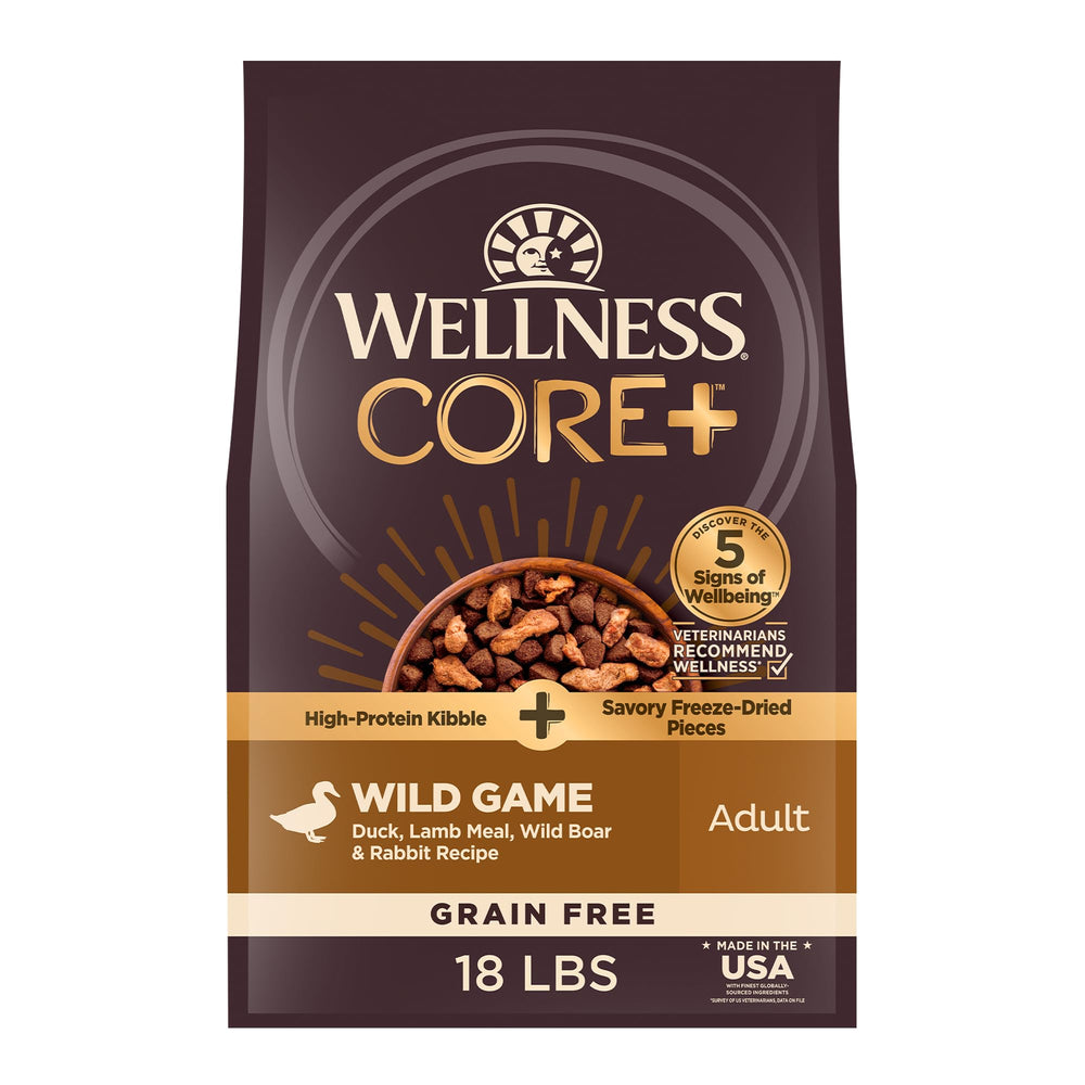 Wellness Core Plus: sac croquettes adultes, texture croustillante pour soutien musculaire et énergie quotidienne.