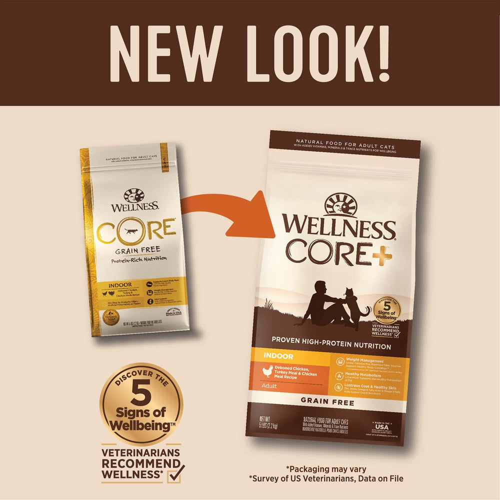 Texture des croquettes Wellness CORE+ poulet et dinde pour chat intérieur.