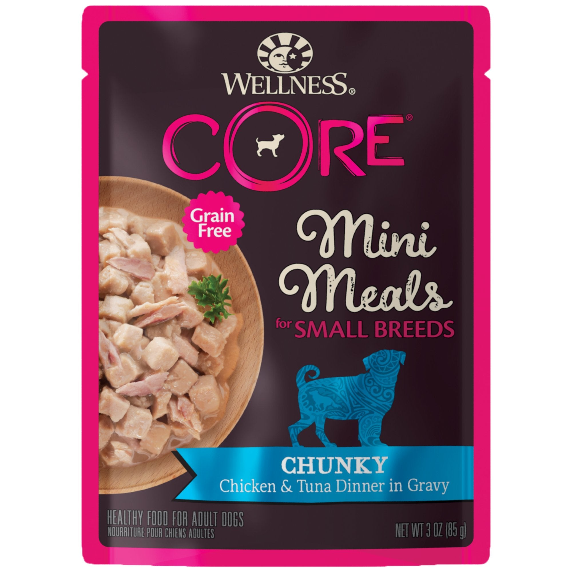 Wellness CORE: poulet et thon dans sauce, sachet pratique 3oz.