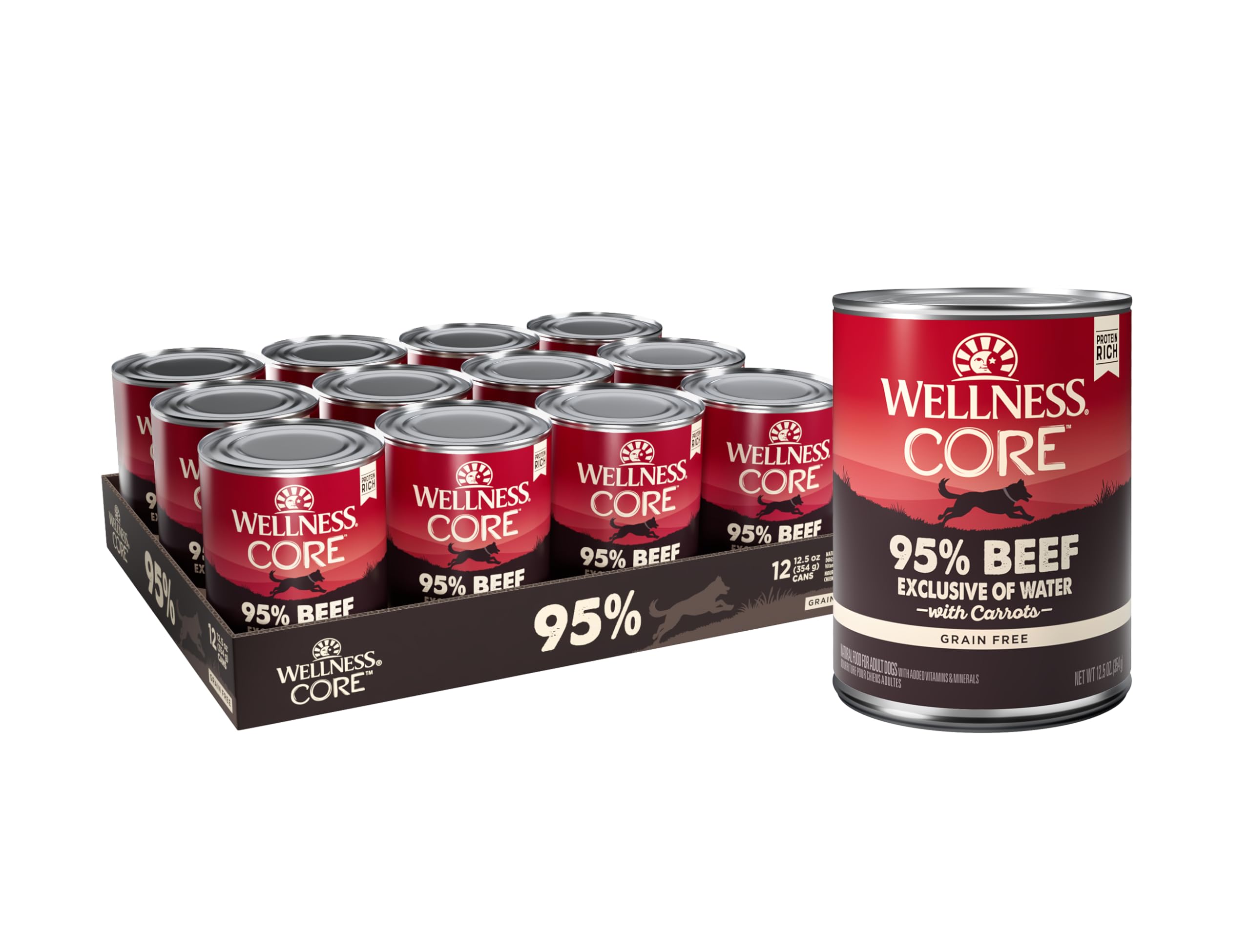 Wellness Core protéine 95 sans céréales, boeuf et carottes, repas équilibré.