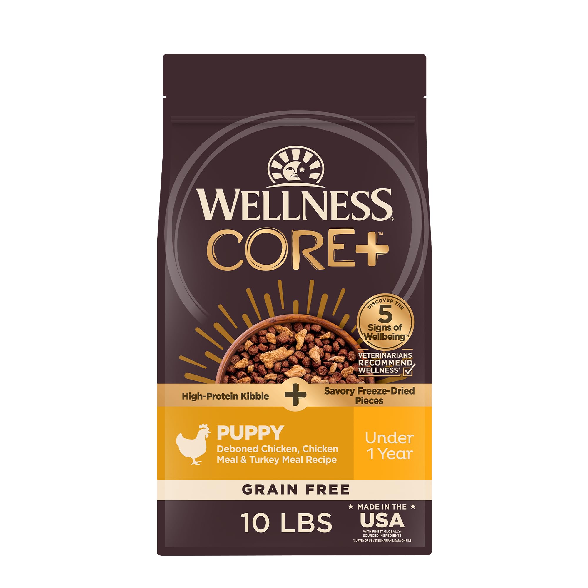 Wellness CORE+ Puppy croquettes sans cereales, texture croustillante et alimentation naturelle.