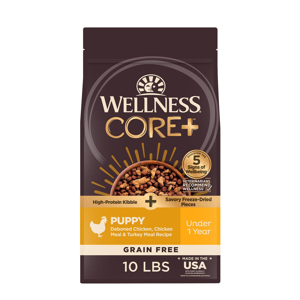 Wellness CORE+ Puppy croquettes sans cereales, texture croustillante et alimentation naturelle.
