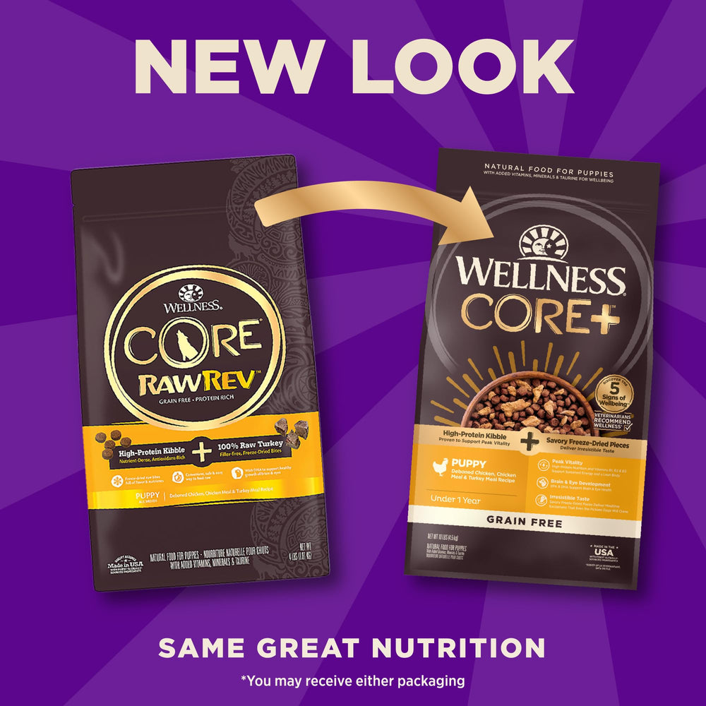 Protéine elevee Wellness CORE+ Puppy, poulet et dinde pour énergie diurne.